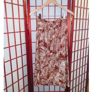 BUTTON FRONT LEAF PRINT MIDI SKIRT W TIE-BELT